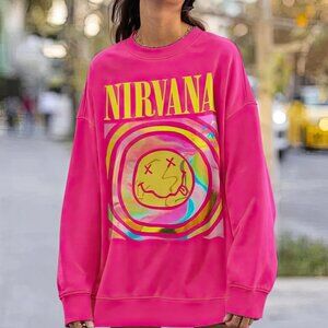 Retro Nirvana Smile Face Overdyed Crew Neck Sweatshirt, Nirvana Crewneck Sweater